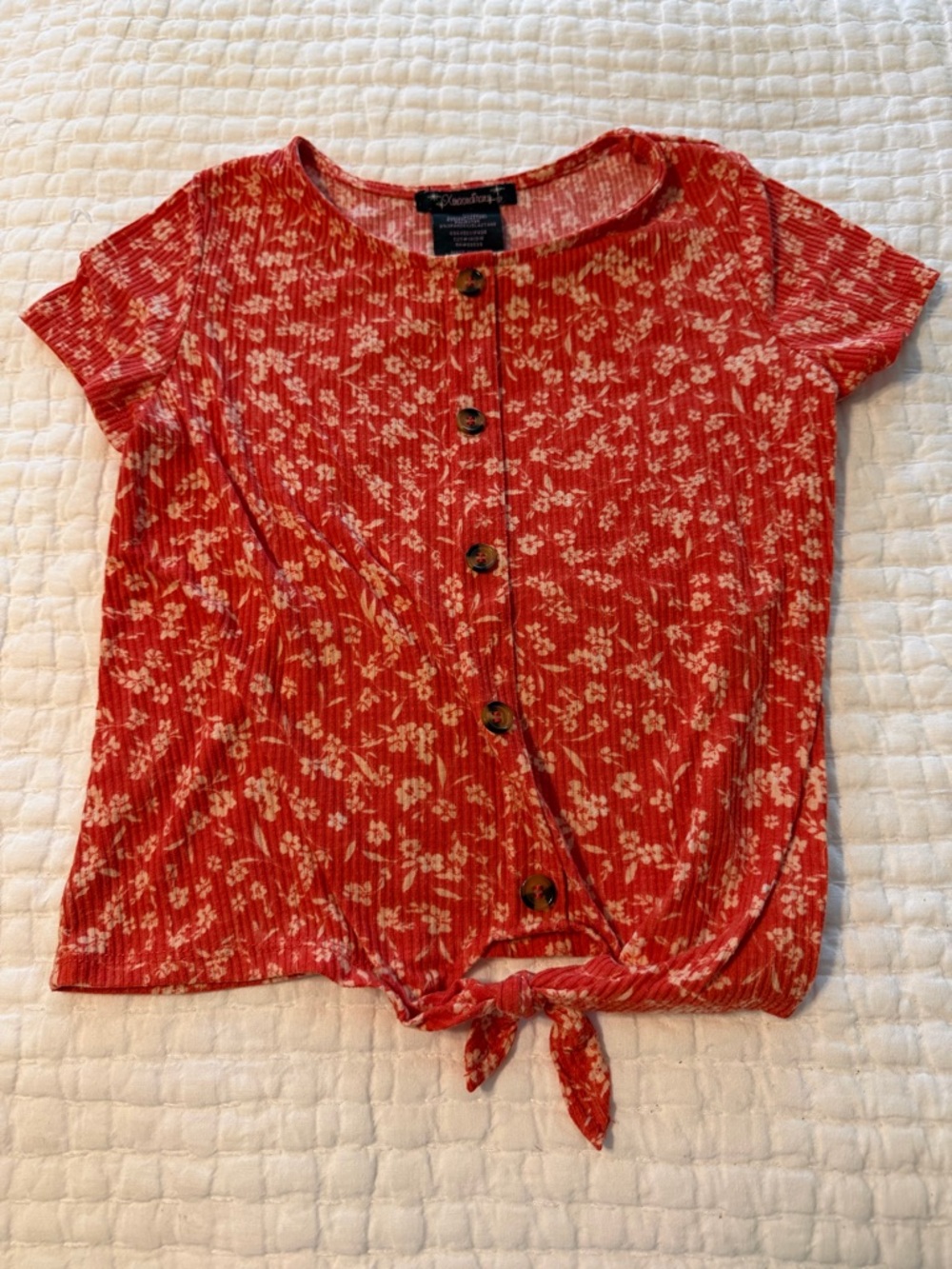 Girls Red Floral Button-Front Tie Waist Top